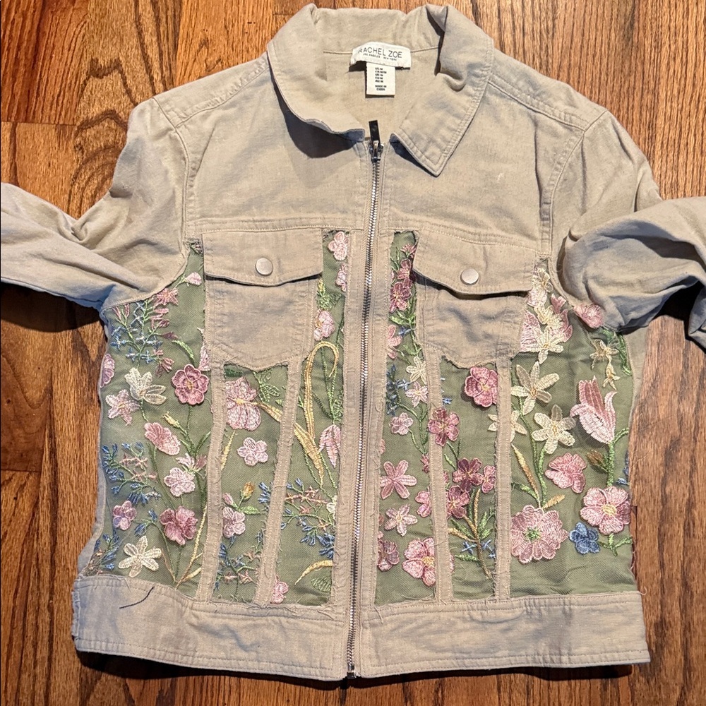 Rachel Zoe Tan and Green Floral Embroidered Jacket